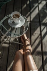 A girl enjoys morning coffee on the terrace. ocean view. generative ai