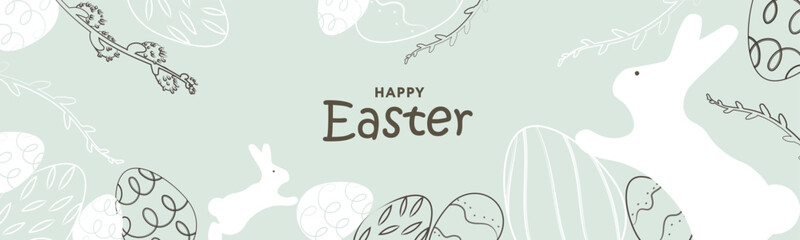 Happy Easter banner. Trendy Easter design with typography, eggs and bunny in pastel colors. Modern minimal style. Horizontal poster, greeting card, header for website