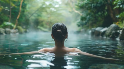 Woman enjoying a Japanese onsen with a tranquil traditional backdrop, great for health and wellness themes.