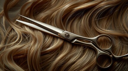 Sleek scissors rest on lock of hair symbolizing style and precision. The artistry of hair design - obrazy, fototapety, plakaty