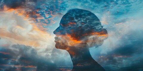 Inner Peace Concept Represented by Tranquil Landscape Within Silhouette of Human Head. Concept Inner Peace Concept, Tranquil Landscape, Silhouette of Human Head, Mental Wellness - obrazy, fototapety, plakaty