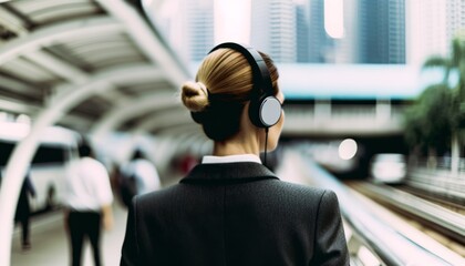 Business woman listening to music with earphones while commuting in the morning. Rear view of young woman standing in the city. This photo has intentional use of 35mm film grain. - obrazy, fototapety, plakaty