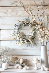 wall decoration for spring Easter decor. Easter wreath with decorative elements on wooden background