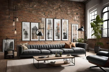 Foto op Canvas An industrial-chic living room with a wall mockup featuring exposed brick and urban artwork. © Hussain