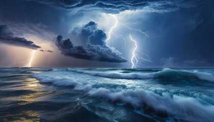 intense ocean storm with lighting - obrazy, fototapety, plakaty