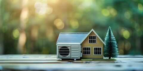 Air conditioning unit and miniature house model depict home cooling concept. Concept Home Cooling, Air Conditioning Unit, Miniature House, Climate Control Concept