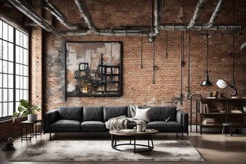 An industrial loft living room with exposed pipes and brick walls, accompanied by a wall mockup showcasing abstract industrial art, contributing to the urban aesthetic.