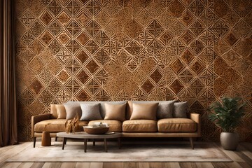 A cozy Turkish-inspired living room wall mockup adorned with intricate geometric patterns in warm earth tones, creating a harmonious design.