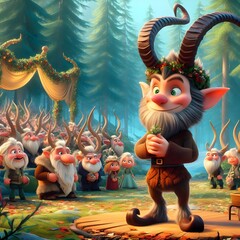Cartoon of a mythical young male nisse in a norwegian forest.
