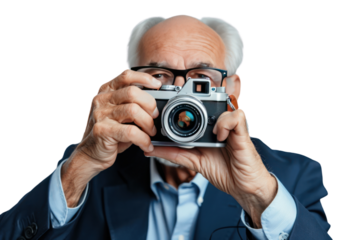 Take a photo of a young, elderly businessman smiling happily. Demonstrate confidence, friendliness, and success,Isolated on transparent background.