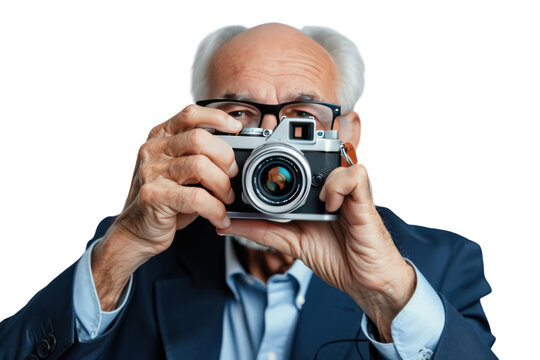 Take a photo of a young, elderly businessman smiling happily. Demonstrate confidence, friendliness, and success,Isolated on transparent background.