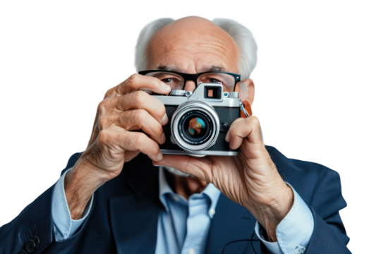 Take a photo of a young, elderly businessman smiling happily. Demonstrate confidence, friendliness, and success,Isolated on transparent background. - Powered by Adobe