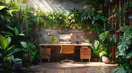 Workspace with lush green plants in a serene setting