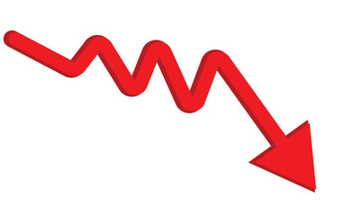 Red 3d arrow going down stock icon on white background. Bankruptcy, financial market crash icon for your web site design, logo, app, UI. graph chart downtrend symbol.chart going down sign.