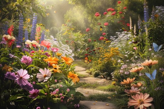 Garden Blossoms and Park Florals: A vibrant display of flowers amidst lush greenery, trees, and a tranquil water feature, capturing the essence of nature's beauty in the garden and park