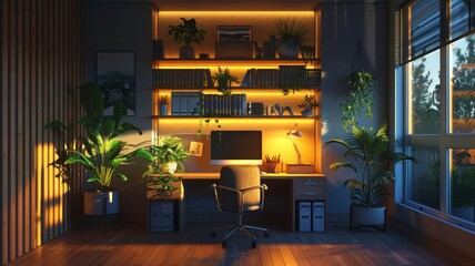 Modern home office with sleek design and environmentally conscious lighting - obrazy, fototapety, plakaty