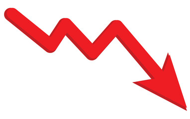 Red 3d arrow going down stock icon on white background. Bankruptcy, financial market crash icon for your web site design, logo, app, UI. graph chart downtrend symbol.chart going down sign.