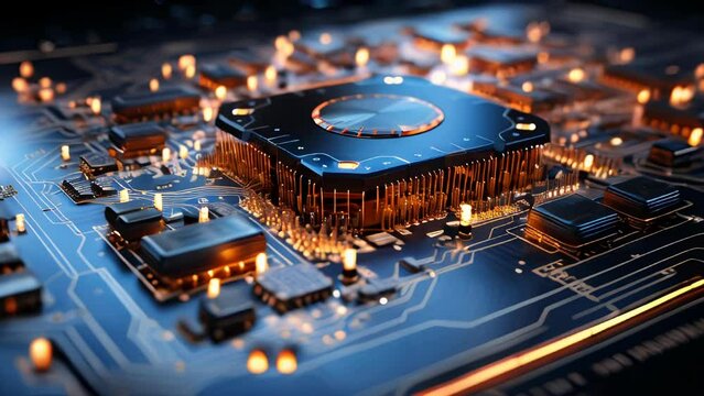 Futuristic computer microchips and microchips with processors and transistors for artificial intelligence