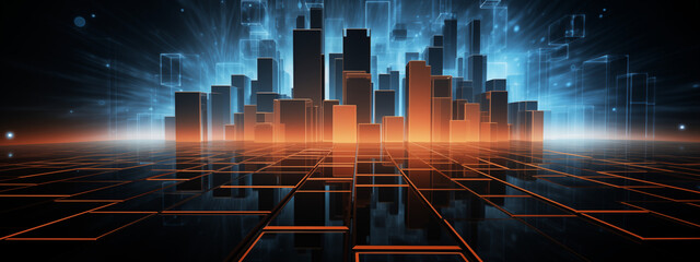 Fototapeta na wymiar Digital Cityscape with Glowing Grid Lines