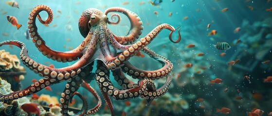 Enormous Octopus, waving tentacles, unveiling hidden shipwrecks in the depths, surrounded by schools of shimmering fish 3D Render, Backlights, Vignette