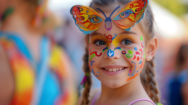 Happy Child with Colorful Butterfly Face Paint at a Festival