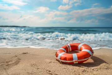 Sand beach with red live saver. Sunny ocean coast landscape. Summer background. Travel and tourism concept.