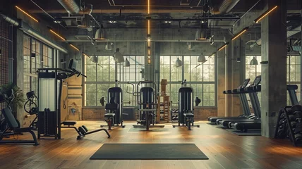Fotobehang Sophisticated gym interior with advanced training equipment and natural lighting © maniacvector