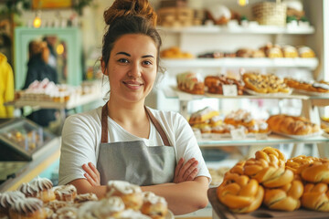 Friendly young female seller in cozy home bakery stands behind the counter on a sunny day - obrazy, fototapety, plakaty