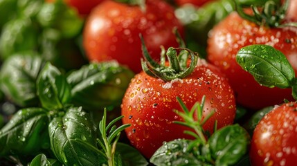 Tomatoes and herbs, dew-kissed and lush