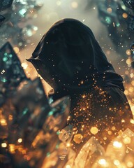 Shadow Alchemist, mysterious figure in a hood, studying the secrets of dark matter alchemy, surrounded by glowing crystals, fantasy illustration, silhouette lighting, lens flare - obrazy, fototapety, plakaty