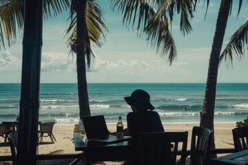 Fototapeta na wymiar silhouette of woman chilling at a beach