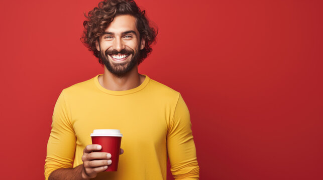 Cheerful man with a beard and eyeglasses, holding a to go coffee cup, with a joyful expression against a vibrant red background.