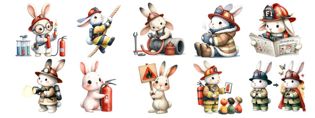 Watercolor cute firefighter cartoon on white background.Isolated image.