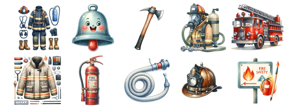 Watercolor cute firefighter cartoon on white background.Isolated image.