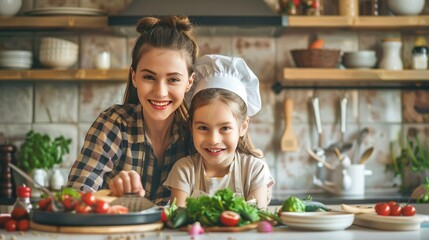 long shot, photo of a mother and daughter in the kitchen preparing lunch with a thermomix, both are facing the camera.