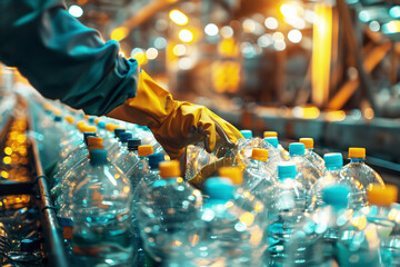 conveyor belt at plastic processing factory. worker's hands in gloves sorting plastic bottles