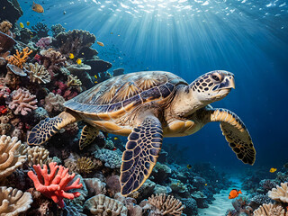 Fototapeta premium Hawaiian Green Sea Turtle on a tropical coral reef in Hawaii