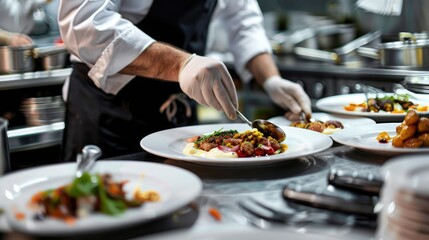 a chef plating delicious food in the clean kitchen of a modern restaurant 