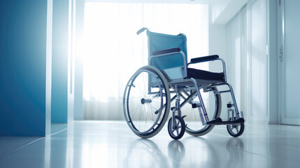 Empty wheelchair positioned in a brightly lit, clean hospital corridor, suggesting themes of healthcare and accessibility.
