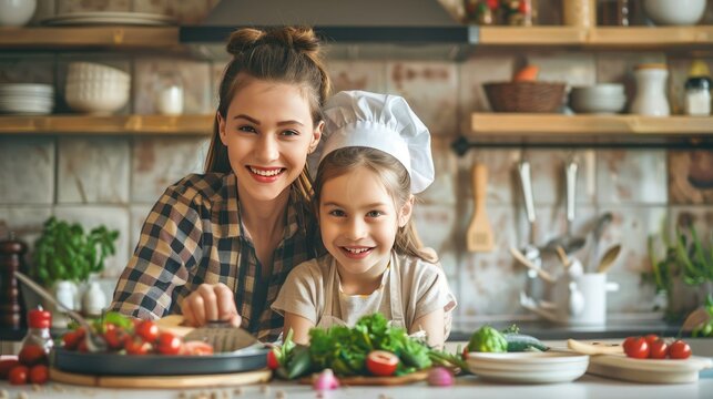 long shot, photo of a mother and daughter in the kitchen preparing lunch with a thermomix, both are facing the camera.