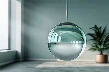 Fotobehang Glass orb suspended in a modern room, changing hues to match the rooms vibe Photography image with a Rembrandt lighting effect, highlighting the balls mystique against the subtle shadows © BOMB8