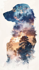 Double Exposure: Brittany Spaniel Silhouette and Watercolor Park Scenery Gen AI
