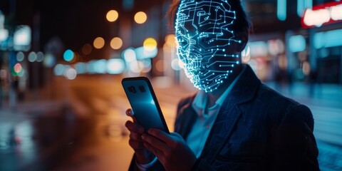 Person using smartphone with digital face recognition technology interface - obrazy, fototapety, plakaty