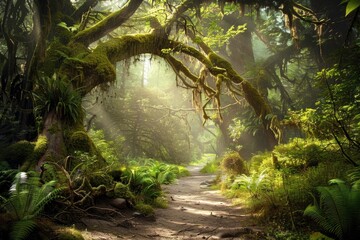 Morning Woods: Serene forest scene with lush green trees, sunlight filtering through branches, a peaceful lake, and a winding path