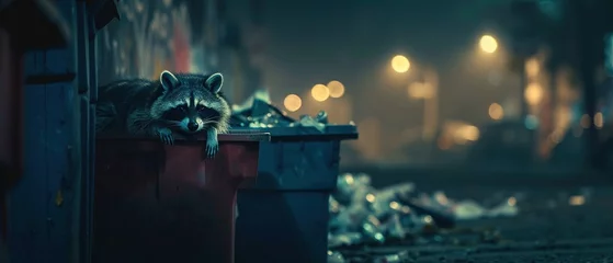 Deurstickers Raccoon, masked bandit, scavenging through city trash bins, foggy night, photography, Silhouette lighting, Vignette © BOMB8