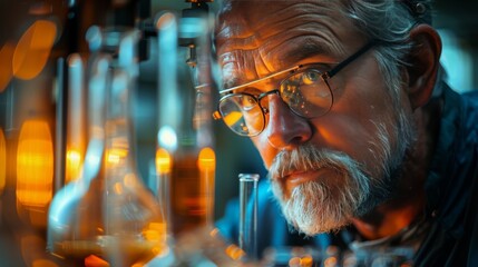 Man With Glasses and Beard Conducting Experiment in Lab - obrazy, fototapety, plakaty
