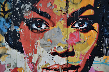 A close-up of an expressive face depicted in urban graffiti art, with a rich palette of colors and textured details.