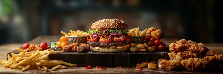 A table full of food including a large hamburger, french fries, and chicken. The table is set up to look like a buffet, with a variety of food options for people to choose from