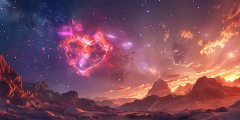 Foto op Canvas Cosmic heart nebula over an alien landscape © ParinApril