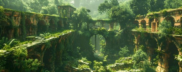 Ancient architectural ruins overtaken by dense jungle, bathed in sunlight, evoke a sense of lost civilization and nature's reclaim. - obrazy, fototapety, plakaty